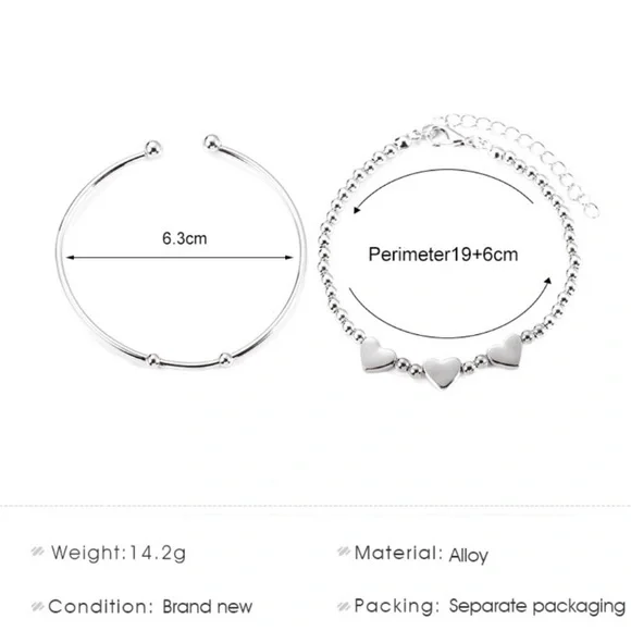 NEW Silver Triple Heart Bracelet & Cuff Set - Picture 7 of 8